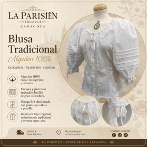 Blusa tradicional de algodón 100% con manga 3/4 y puntillas imitación bolillo