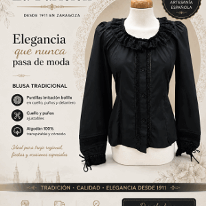 Blusa de Traje Regional Negra con Cuello y Mangas Ajustables