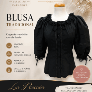 Blusa Regional Negra con Puntillas – Manga 3/4 Ajustable