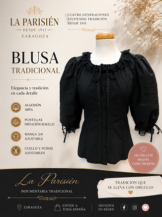 Blusa Regional Negra con Puntillas – Manga 3/4 Ajustable