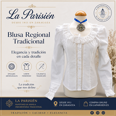 Blusa regional de algodón 100% con puntillas imitación bolillo y cuello ajustable.