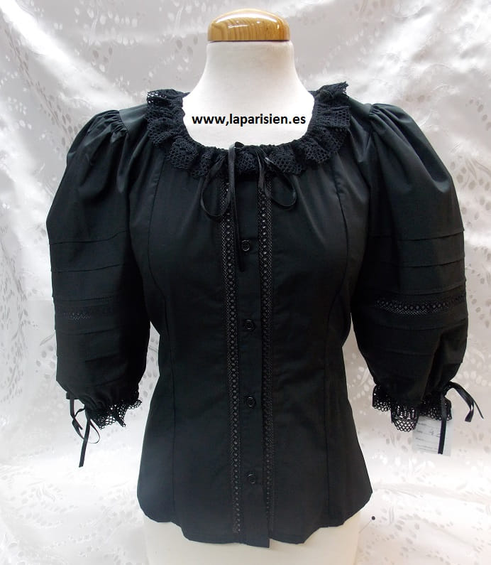 Blusa Regional Negra con Puntillas – Manga 3/4 Ajustable - Imagen 3