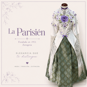 Traje tradicional femenino de inspiración aragonesa confeccionado con tejidos de calidad y mantón de Manila artesanal vendido en La Parisién Zaragoza desde 1911.