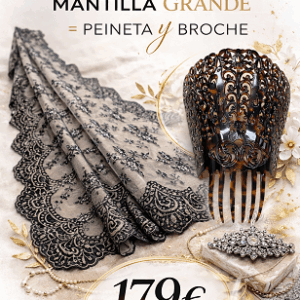 Conjunto de Mantilla Española Negra con Peineta y Broche – Oferta Especi