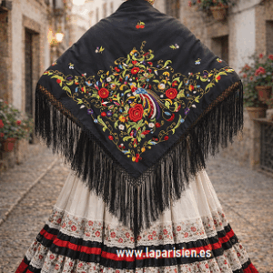 Mantón de Gallo Castellano Bordado a Mano – Lana – 140×140 cm + Fleco