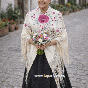 Falda Adamascada Negra con Mantón de Manila Bordado – Traje Regional de Aragón | Indumentaria Tradicional Española