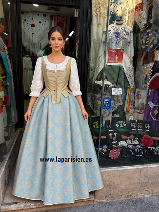 Traje regional aragonés con falda adamascada azul y corpiño tradicional | La Parisién Zaragoza - Imagen 2