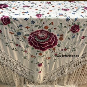 Mantón de Manila bordado artesanalmente de 140x140 cm con flores multicolor y fleco hecho a mano en La Parisién Zaragoza