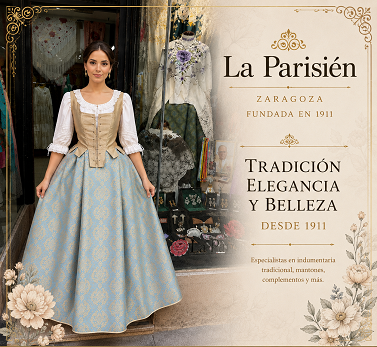 modelo con traje regional aragonés azul delante de La Parisién Zaragoza