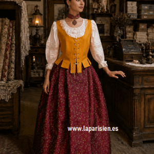 Traje baturra de Zaragoza para mujer con falda granate estampada y justillo mostaza