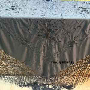 Mantón de Manila negro bordado negro artesano de seda 132x132 cm
