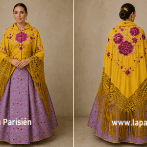 Mantón de Manila amarillo artesanal con bordado tradicional y dos esquinas diferentes