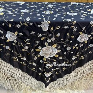 Mantón de Manila negro bordado en tonos beige y dorados de 140x140 cm más 60 cm de fleco beige