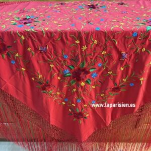 Mantón de Manila rojo bordado artesanal 110x110 cm con fleco de 45 cm para ferias y ambiente taurino