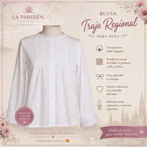 Blusa de traje regional para niña color crudo en algodón con encaje de bolillo