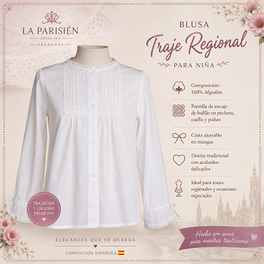 Blusa de traje regional para niña color crudo en algodón con encaje de bolillo