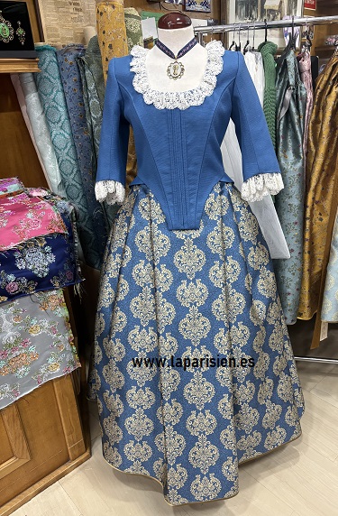 Vestido regional aragonés de mujer con corpiño azul y falda adamascada ideal para trajes de época, Bridgerton y moda vintage