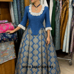 Traje regional aragonés azul con falda de tres largos y corpiño tradicional para indumentaria regional y recreaciones históricas