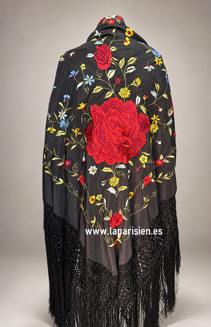 Mantón de Manila negro bordado en colores con gran flor roja abierta y flecos artesanales