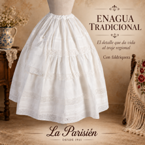 Enagua tradicional color crudo de 90 cm con faldriquera, puntilla y entredós.